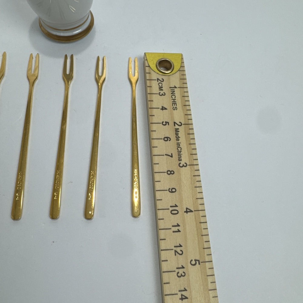 VTG Mikimoto International Gold Tone Appetizer Fork Set 5pc White Porcelain Jar - Picture 4 of 4